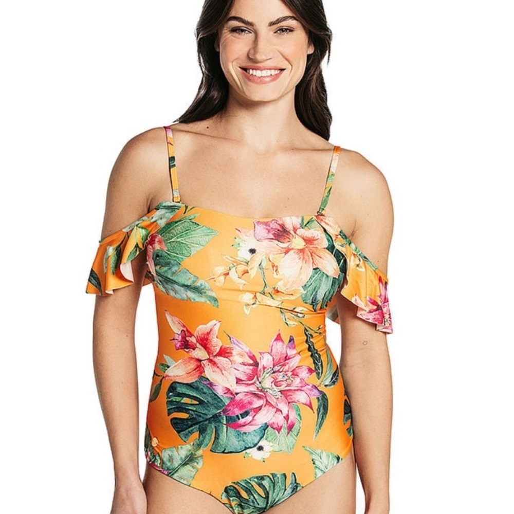 Vibrant Orange and Green Floral One-Piece Swimsuit with Ruffles